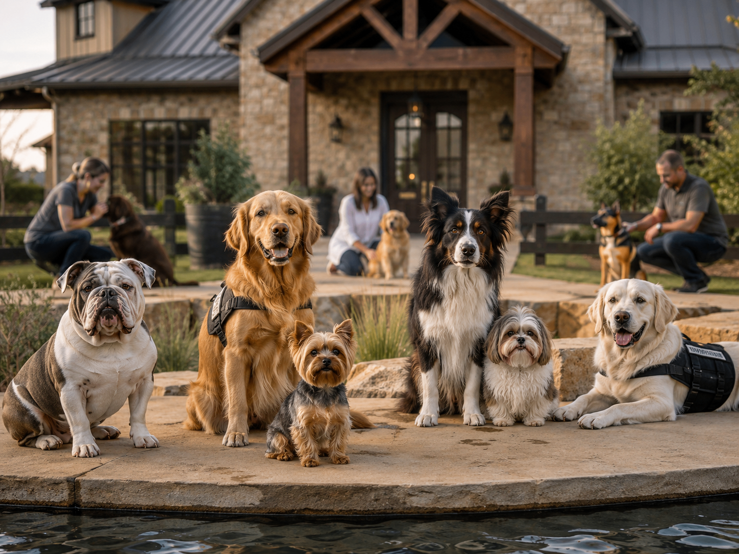Diverse Ruff Ruff Ranch™ dogs in development for companion, therapy, service-foundation, ESA-support, community, and working-dog pathways