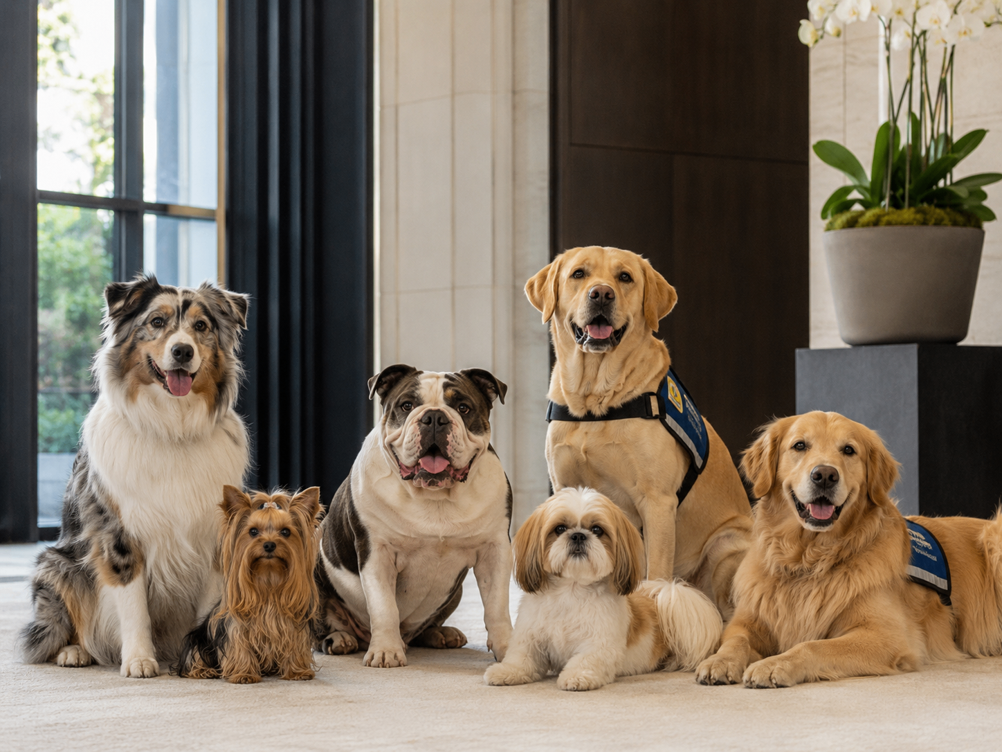 Diverse Ruff Ruff Ranch™ dogs in development for companion, therapy, service-foundation, ESA-support, community, and working-dog pathways