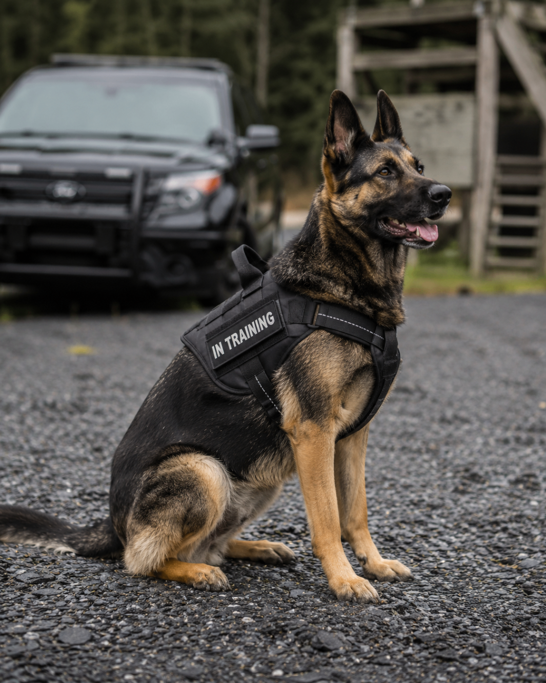 Public-safety dog prospect in training vest under evaluation