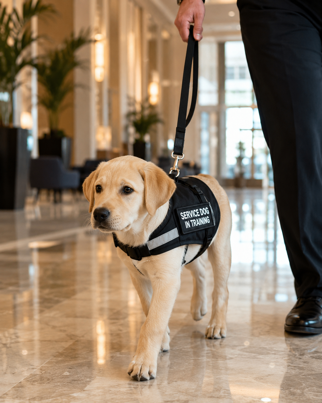 Yorkie-type dog prospect in training vest for companion or therapy foundation evaluation