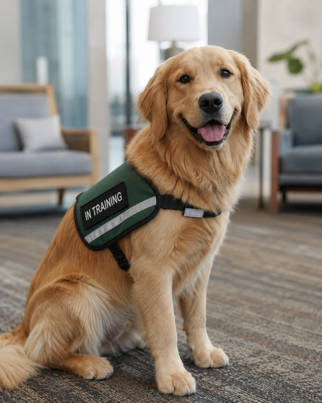 Golden Retriever prospect in training vest for therapy or service foundation development