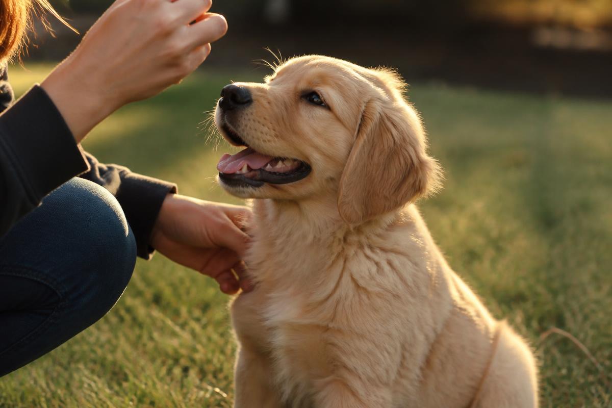 A golden puppy sitting in the grass beside a person's hands in warm evening light